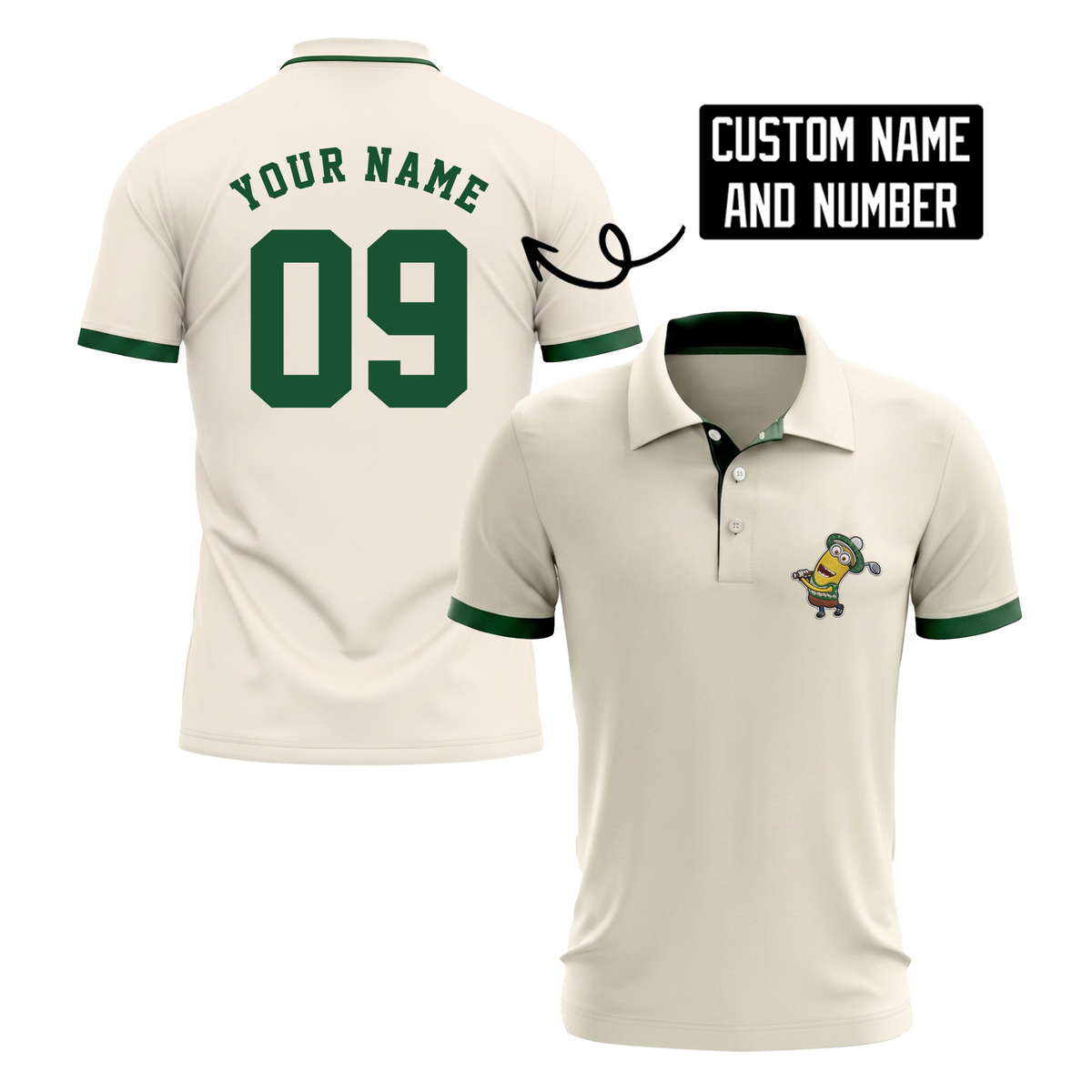 Custom Name Number Polo Shirt — Personalized Men’s Jersey Polo — Cream Green Casual Golf Shirt — Bir - Custom Fan Apparel Image 4