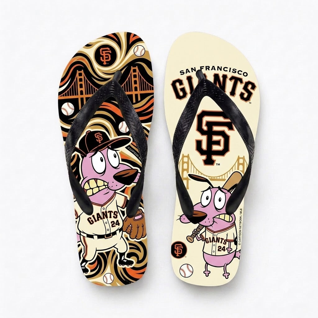 Cartoon Pink Dog Baseball Flip Flops — Sport Fan Sandals | 30 Teams Available