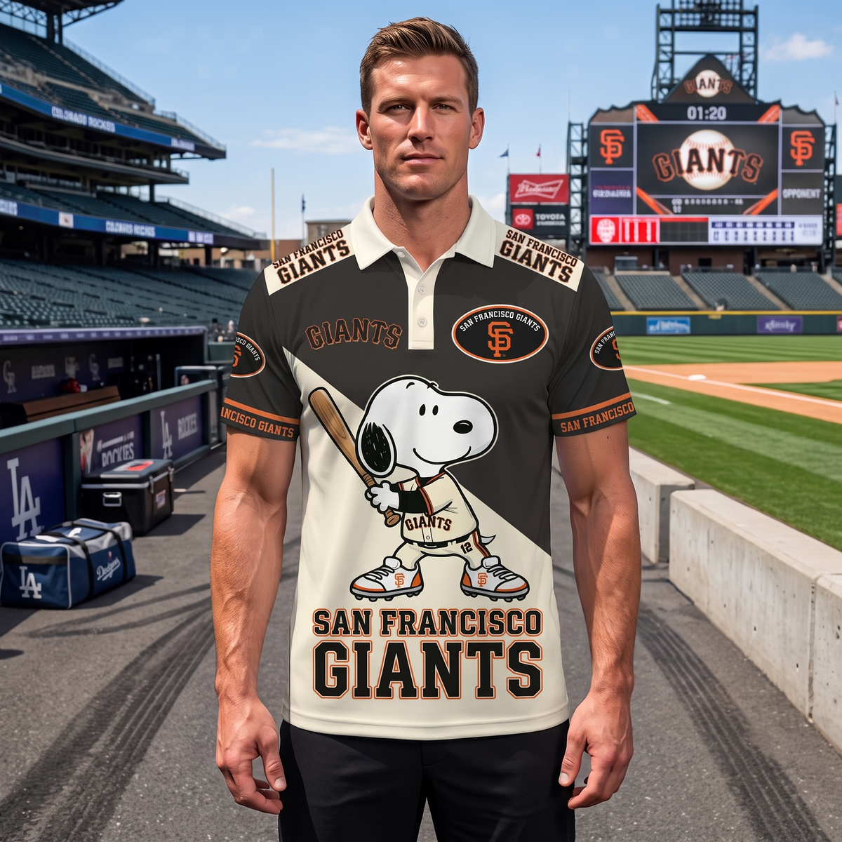 National League — NL Baseball Polo Shirt — Team Color Game Day Polo — Cartoon Dog Baseball Inspired Sports Jersey — Navy Pinstripe Fanwear Shirt