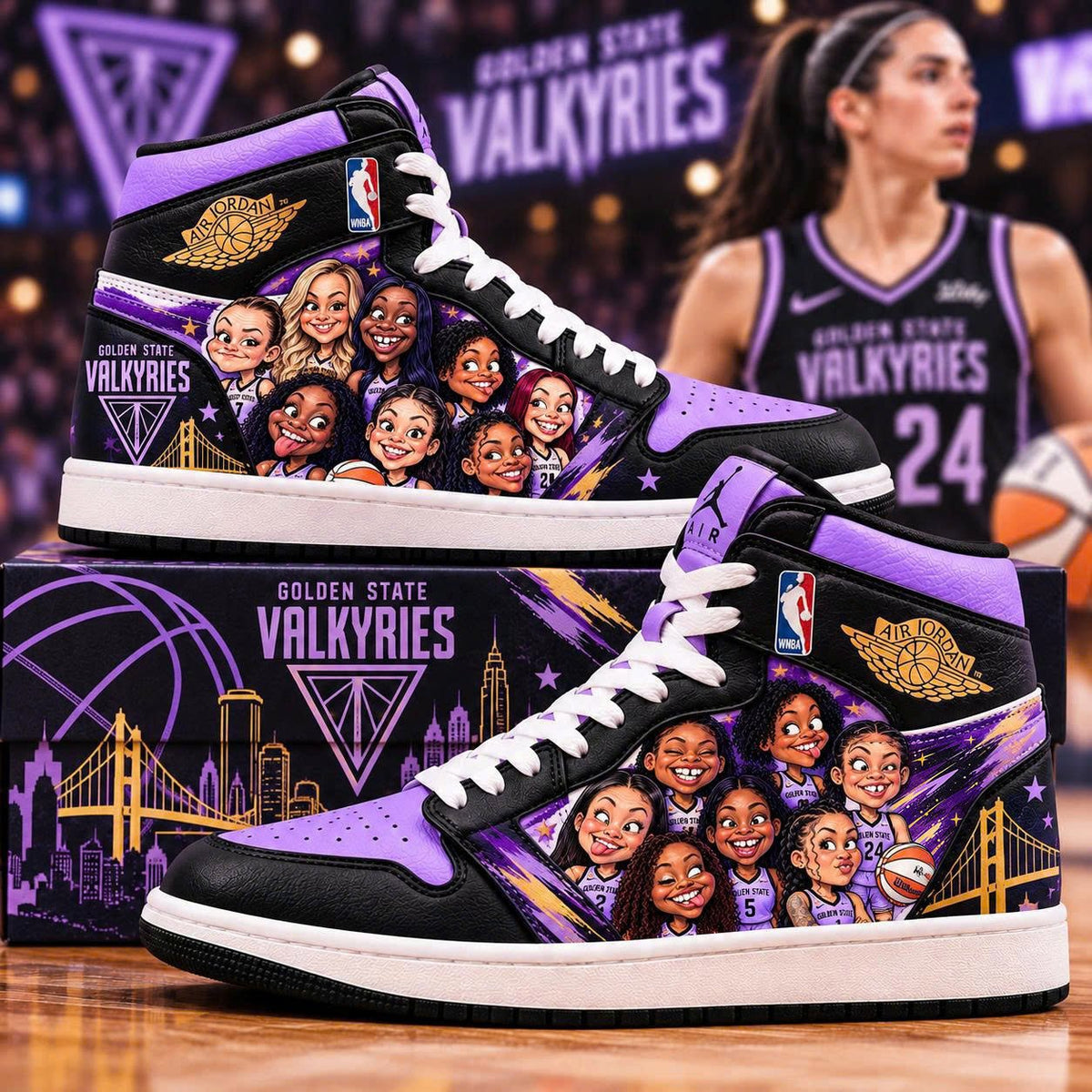 All Golden State Valkyries Team Women’s Basketball Fan WNBA High Sneakers with Collector Box — Style 4