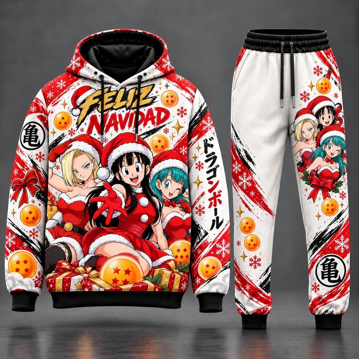 Dragon Ball Christmas Fan Set Style 03 featuring Android 18, Chi-Chi and Bulma with Comic Feliz Navidad Title, Master Roshi Kame Kanji 亀, Dragon Balls, Gift Boxes, Pullover Hoodie and Matching Jogger Sweatpants