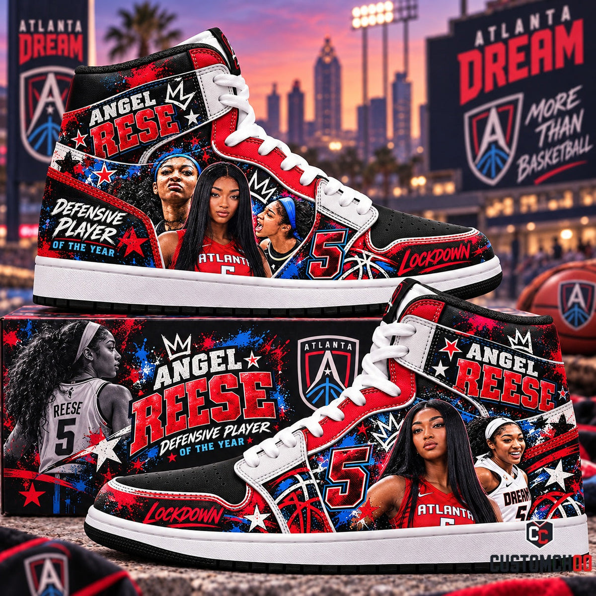 Angel Reese #5 Defensive Player of the Year lockdown edition high top sneakers with collector box in red white and blue - Style 02