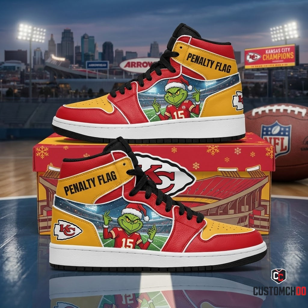 Kansas City Chiefs grinch-inspired christmas fan sneakers – Referee Penalty Flag Heist