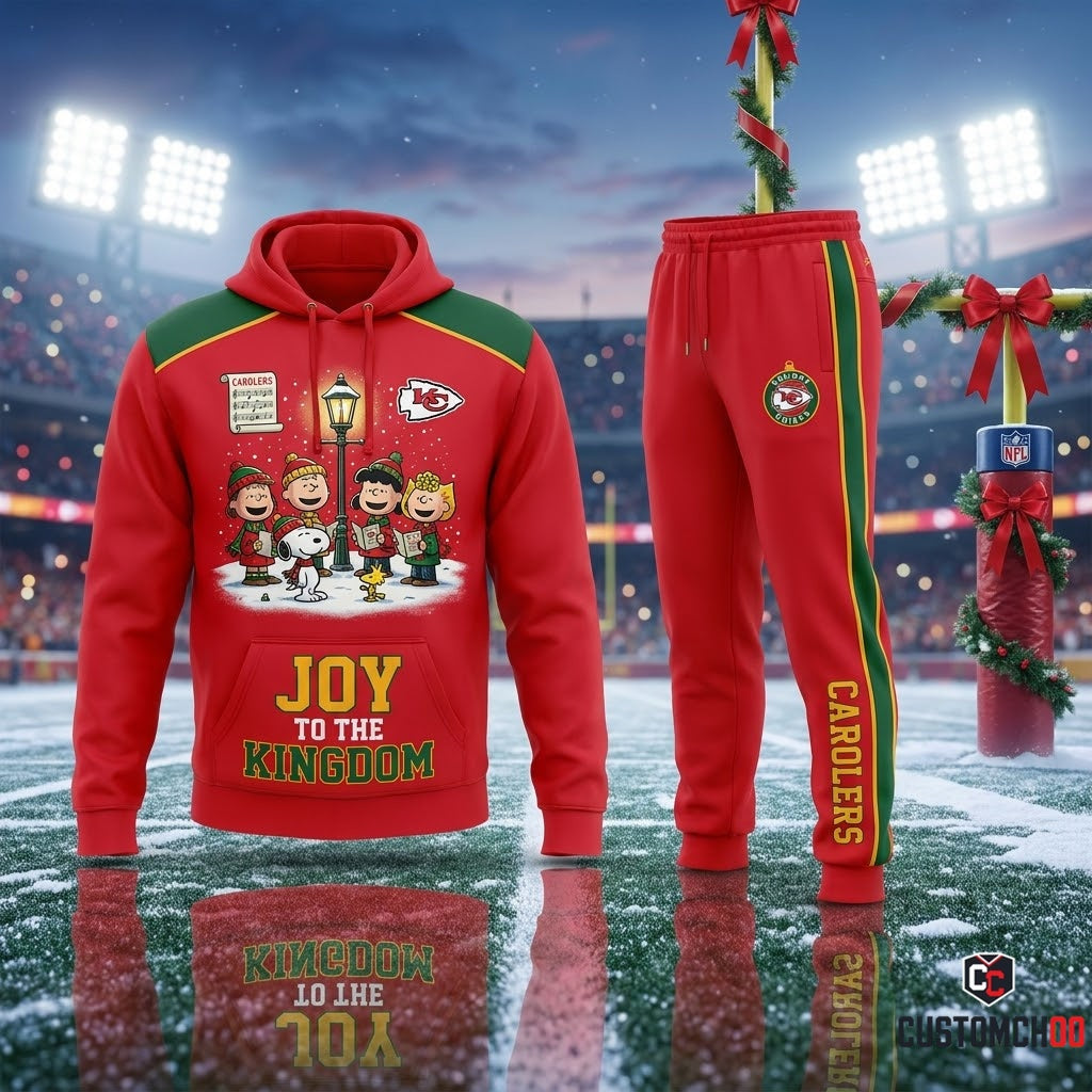 Kansas City Chiefs snoopy-inspired holiday hoodie and sweatpants tracksuit set – Christmas Carolers Endzone