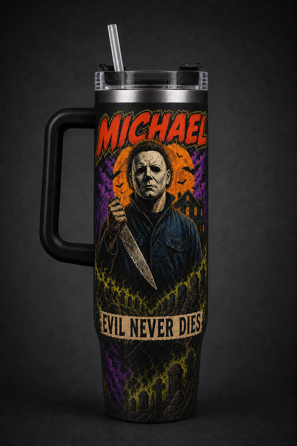 Michael Myers – Evil Never Dies black 40oz horror tumbler with handle
