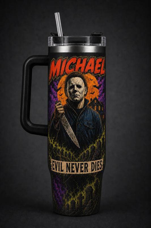 Michael Myers – Evil Never Dies black 40oz horror tumbler with handle