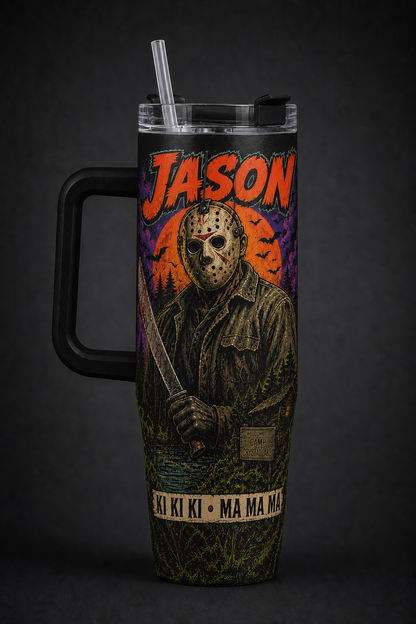 Jason Voorhees – Ki Ki Ki Ma Ma Ma black 40oz horror tumbler with handle