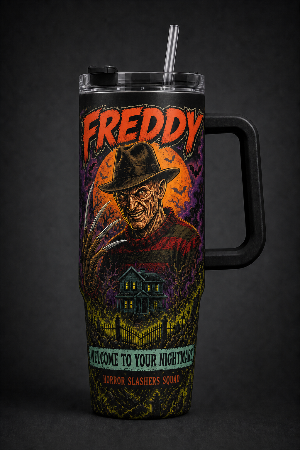 Freddy Krueger – Welcome to Your Nightmare black 40oz horror tumbler with handle
