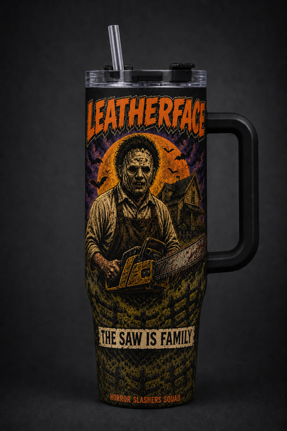 Leatherface – The Saw Is Family black 40oz horror tumbler with handle