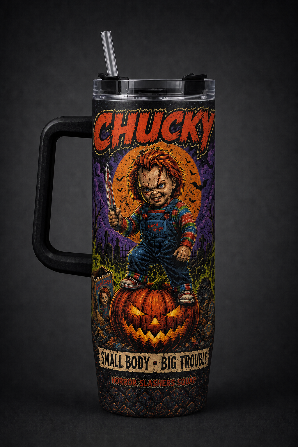 Chucky – Small Body Big Trouble black 40oz horror tumbler with handle