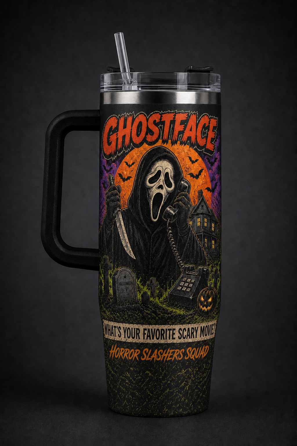 Ghostface – Favorite Scary Movie black 40oz horror tumbler with handle