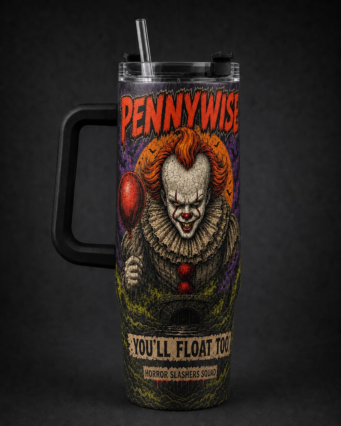 Pennywise – You'll Float Too black 40oz horror tumbler with handle