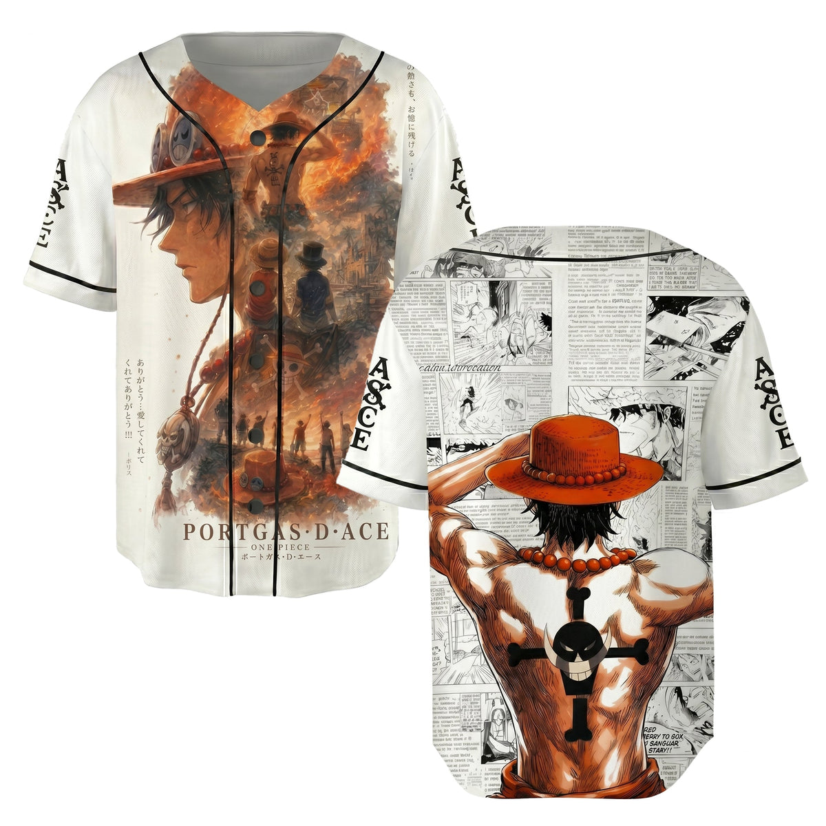 White Orange-Black Authentic Baseball Jersey — Anime Pirate Inspired Button Up Jersey — Manga Fan Co - Custom Fan Apparel Image 1
