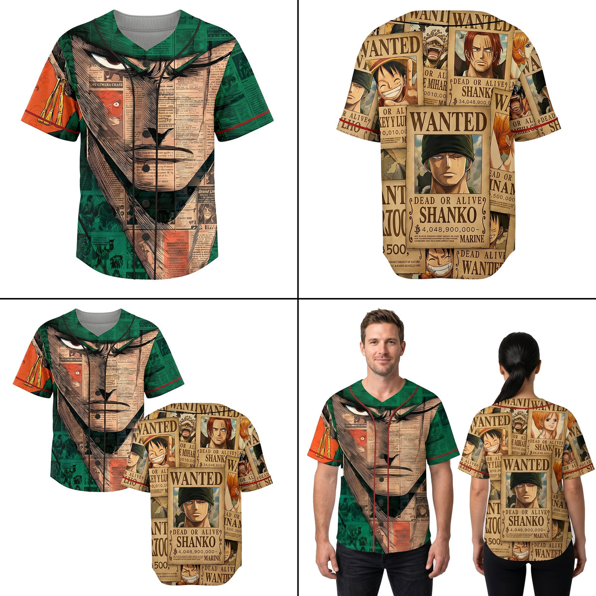 Green Beige Authentic Baseball Jersey — Anime Swordsman Inspired Button Up Jersey — Manga Fan Cospla - Custom Fan Apparel Image 3