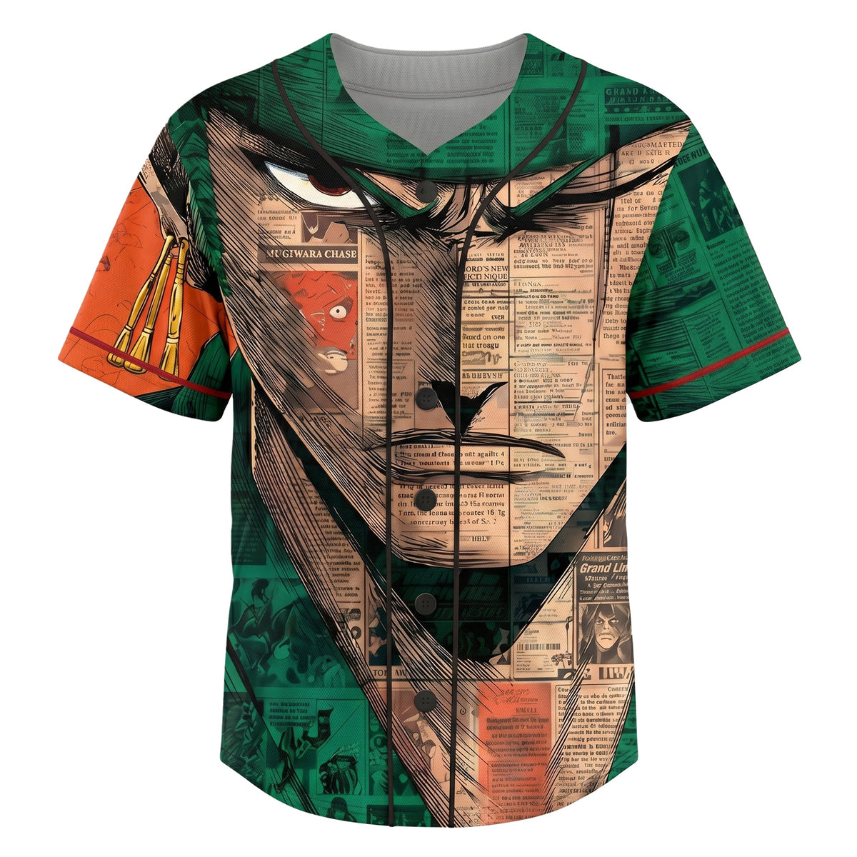 Green Beige Authentic Baseball Jersey — Anime Swordsman Inspired Button Up Jersey — Manga Fan Cospla - Custom Fan Apparel Image 2