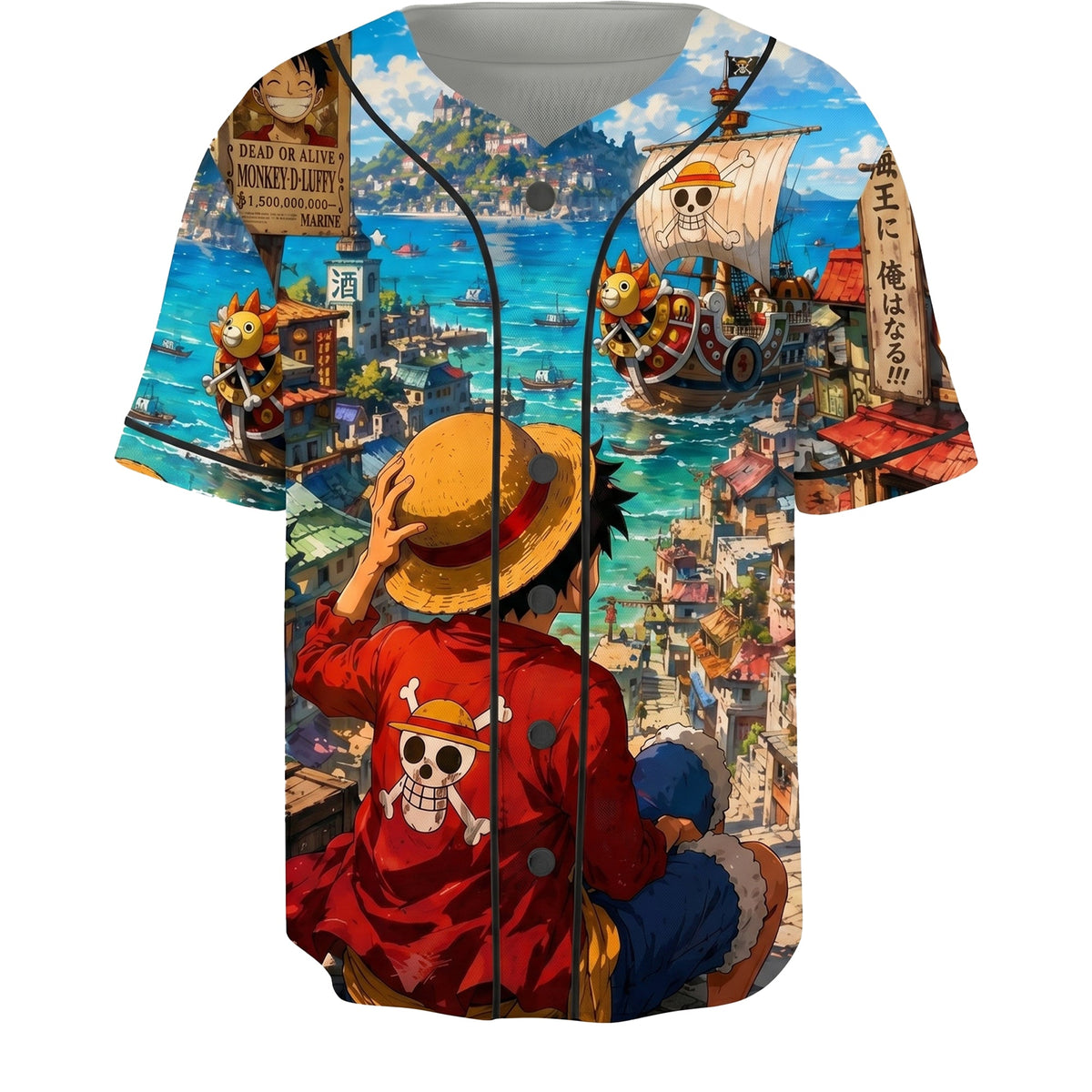 Red Blue Authentic Baseball Jersey — Anime Pirate Inspired Button Up Jersey — Manga Fan Cosplay Spor - Custom Fan Apparel Image 2