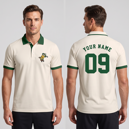 Custom Name Number Polo Shirt — Personalized Men’s Jersey Polo — Cream Green Casual Golf Shirt — Bir - Custom Fan Apparel Image 1