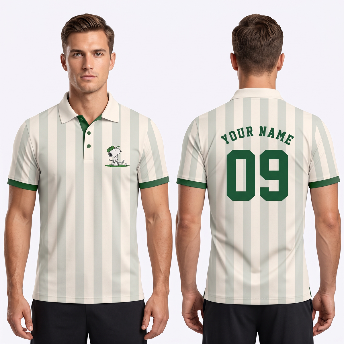 Custom Name Number Polo Shirt — Personalized Men’s Jersey Polo — Cream Green Casual Golf Shirt — Bir - Custom Fan Apparel Image 1