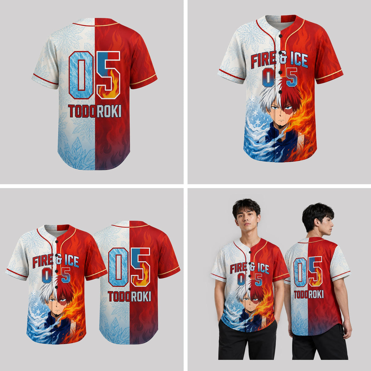 Custom Half Fire Half Ice Baseball Jersey, Personalized Anime Inspired Shirt - Custom Fan Apparel Image 5