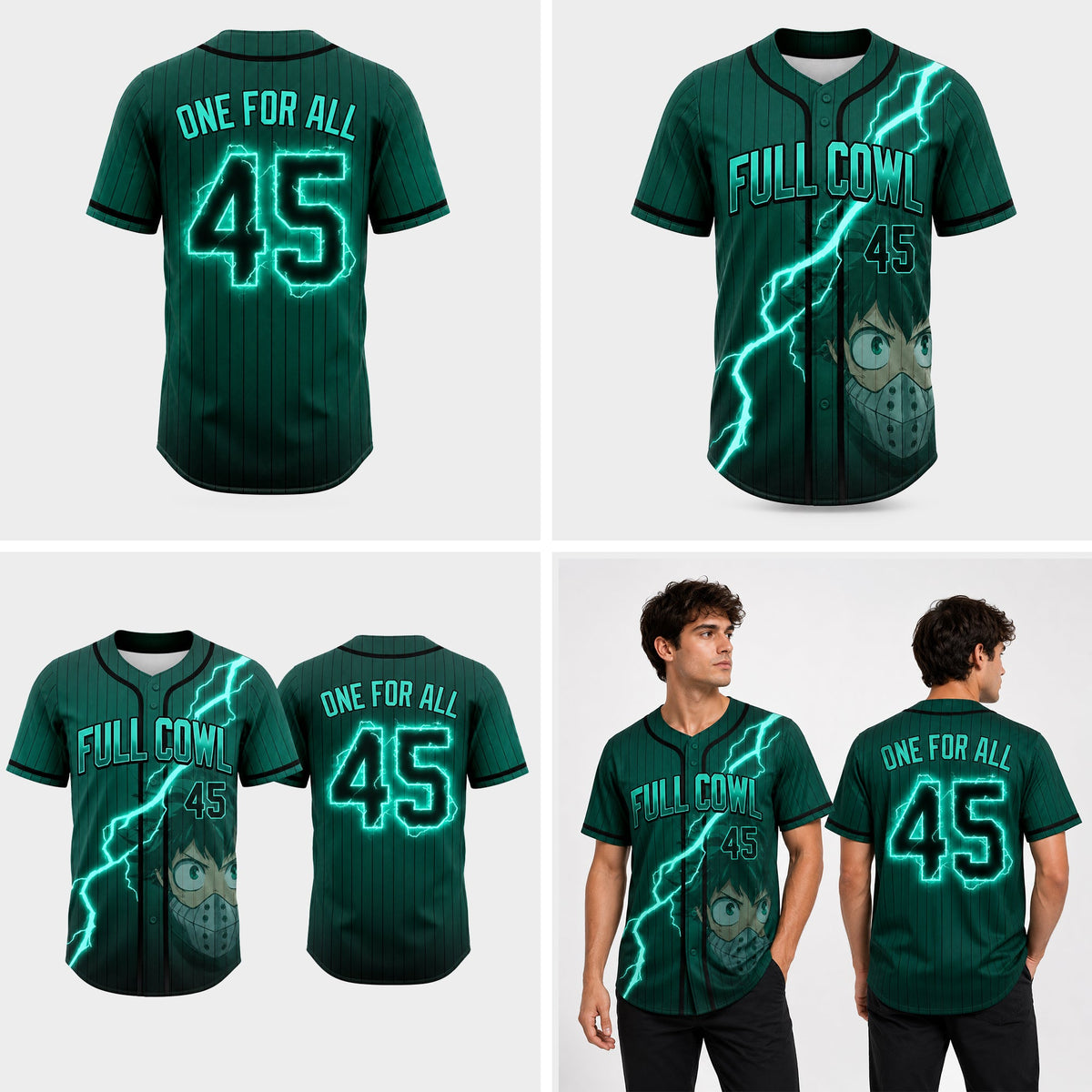 Custom Green Lightning Anime Baseball Jersey, Hero Academy Inspired Full Cowl Fan Shirt - Custom Fan Apparel Image 4