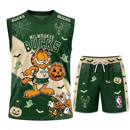 Halloween Basketball Jersey And Shorts Set — Cartoon Cat Sport Fan Outfit | 30 Teams Available