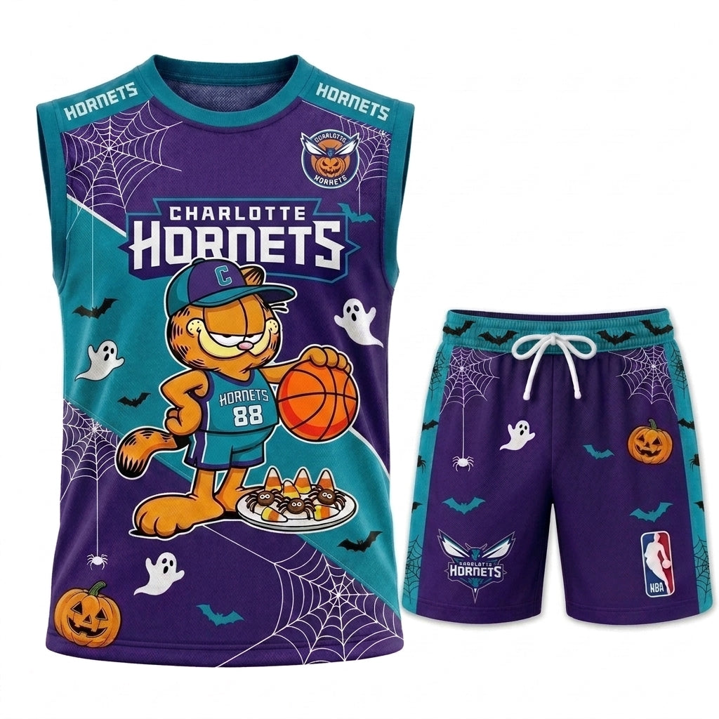 Halloween Basketball Jersey And Shorts Set — Cartoon Cat Sport Fan Outfit | 30 Teams Available