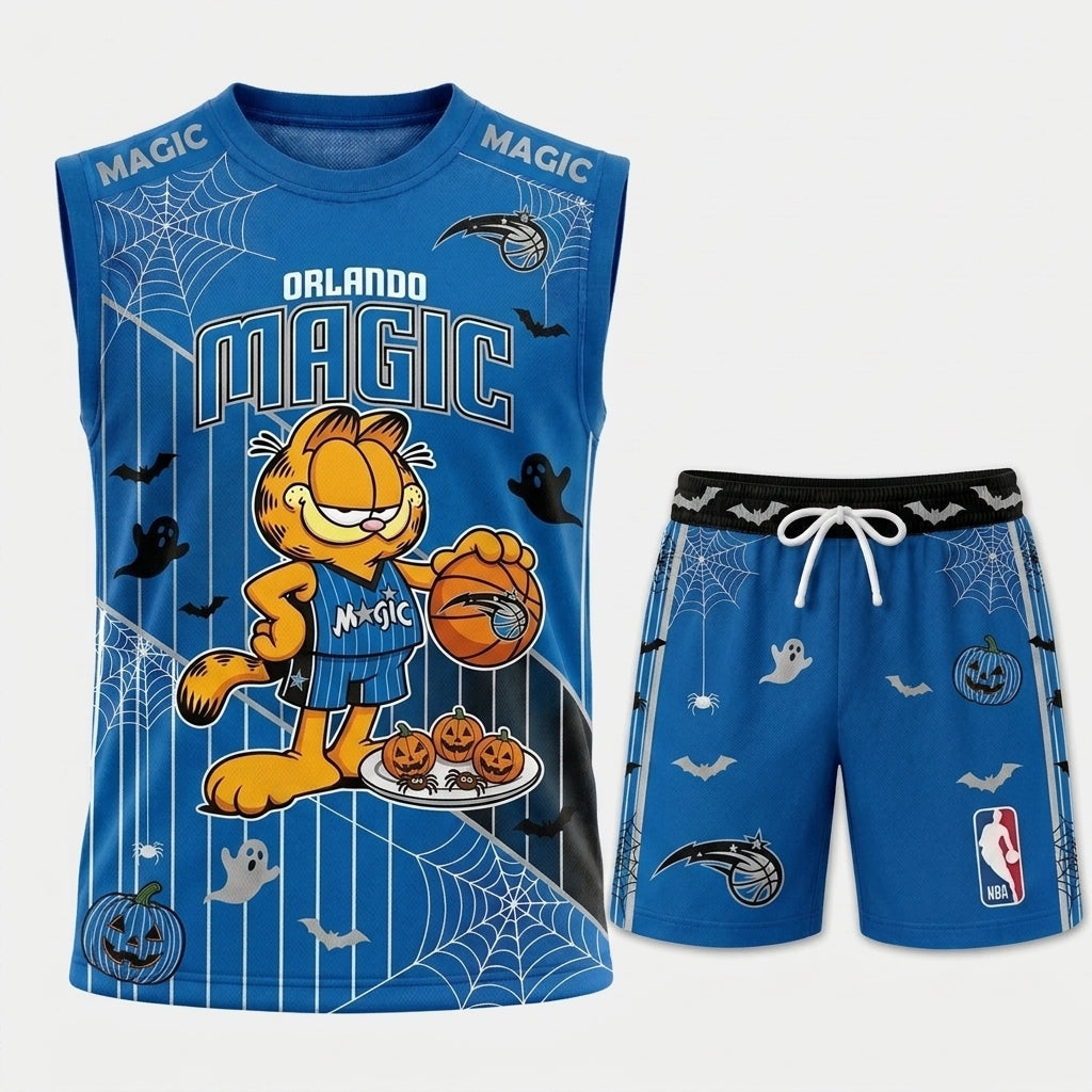 Halloween Basketball Jersey And Shorts Set — Cartoon Cat Sport Fan Outfit | 30 Teams Available