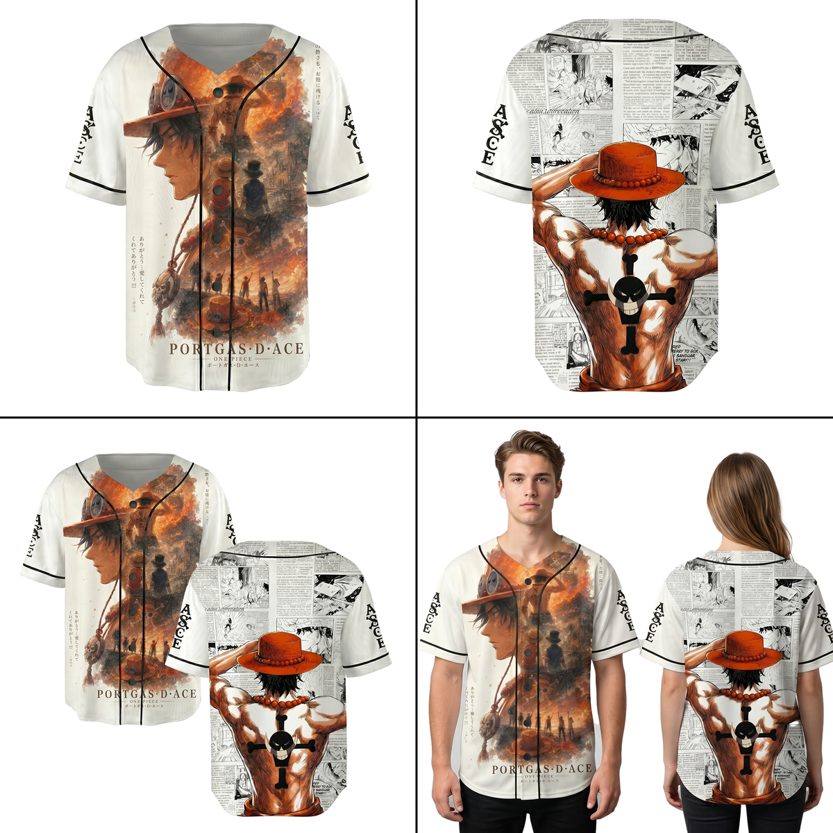 White Orange-Black Authentic Baseball Jersey — Anime Pirate Inspired Button Up Jersey — Manga Fan Co - Custom Fan Apparel Image 3
