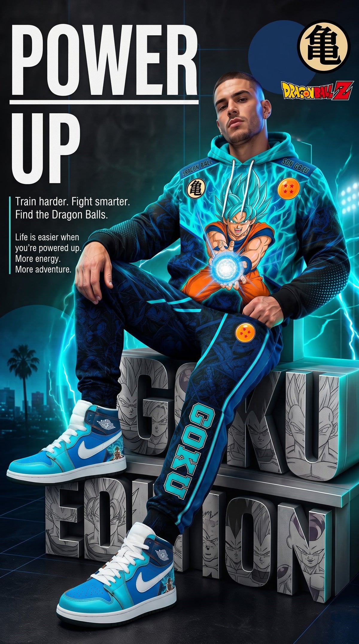 Super Saiyan Blue Son Goku Outfit Set — Hoodie, Jogger Pants & High-Top Sneakers | Blue Anime Streetwear Matching Set