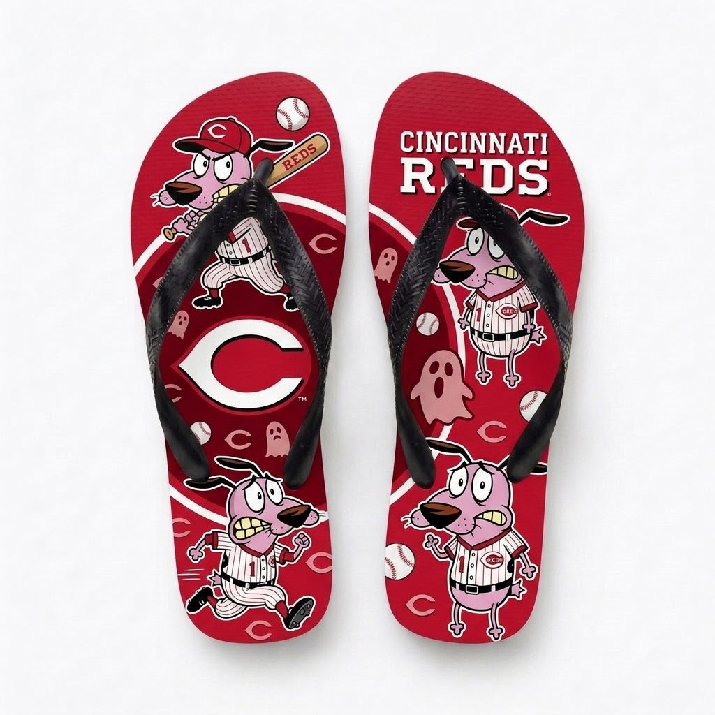 Cartoon Pink Dog Baseball Flip Flops — Sport Fan Sandals | 30 Teams Available