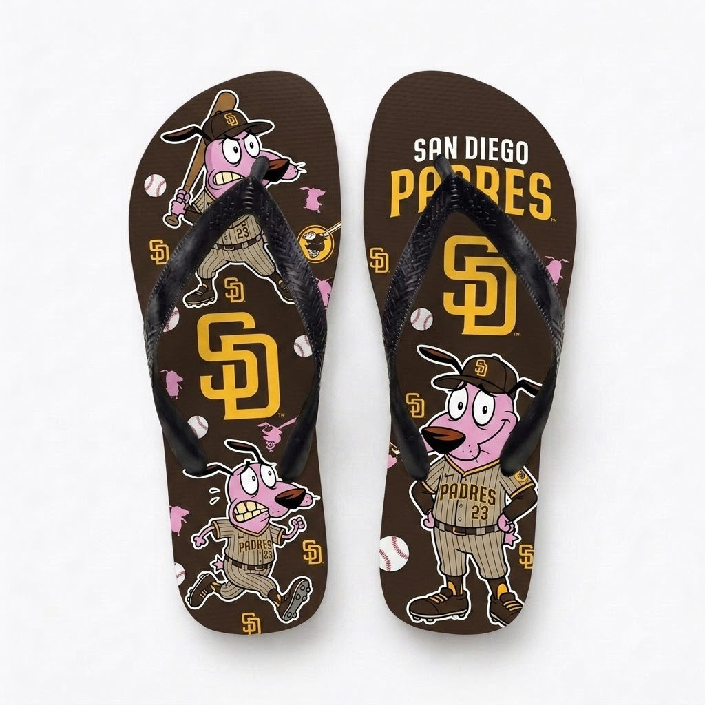 Cartoon Pink Dog Baseball Flip Flops — Sport Fan Sandals | 30 Teams Available