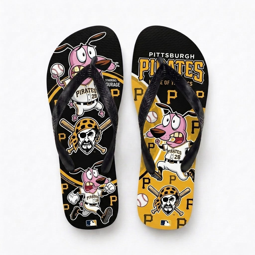 Cartoon Pink Dog Baseball Flip Flops — Sport Fan Sandals | 30 Teams Available - Custom Fan Apparel Image 1