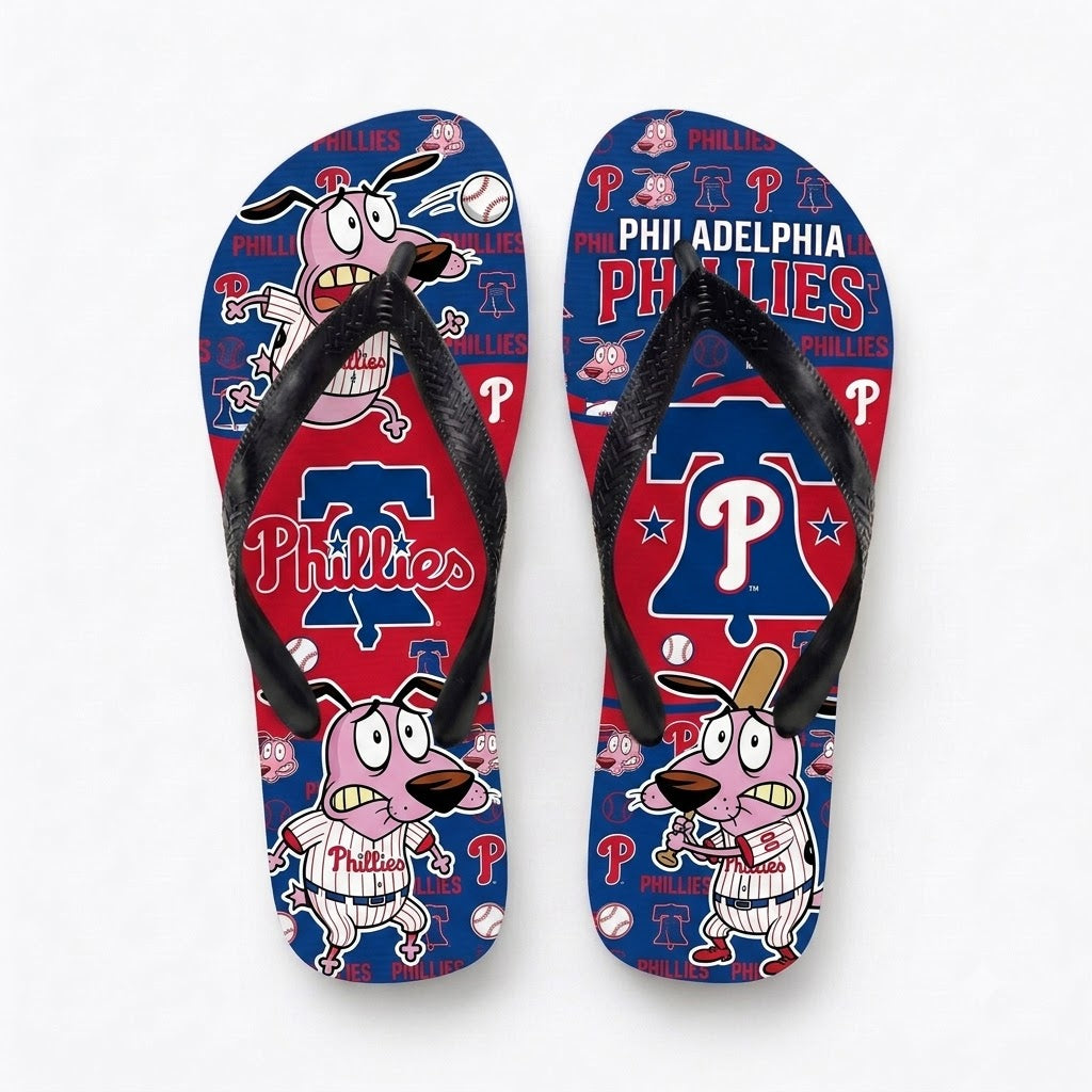 Cartoon Pink Dog Baseball Flip Flops — Sport Fan Sandals | 30 Teams Available