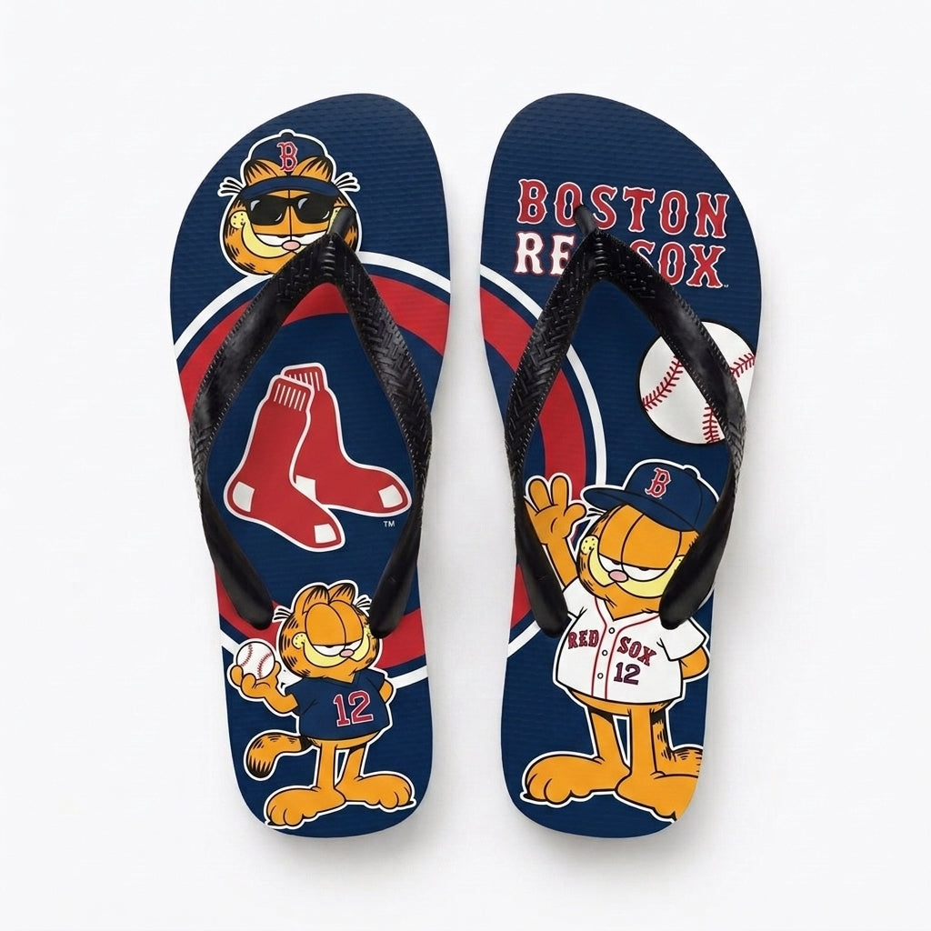 Cartoon Orange Cat Baseball Flip Flops — Sport Fan Sandals | 30 Teams Available - Custom Fan Apparel Image 1