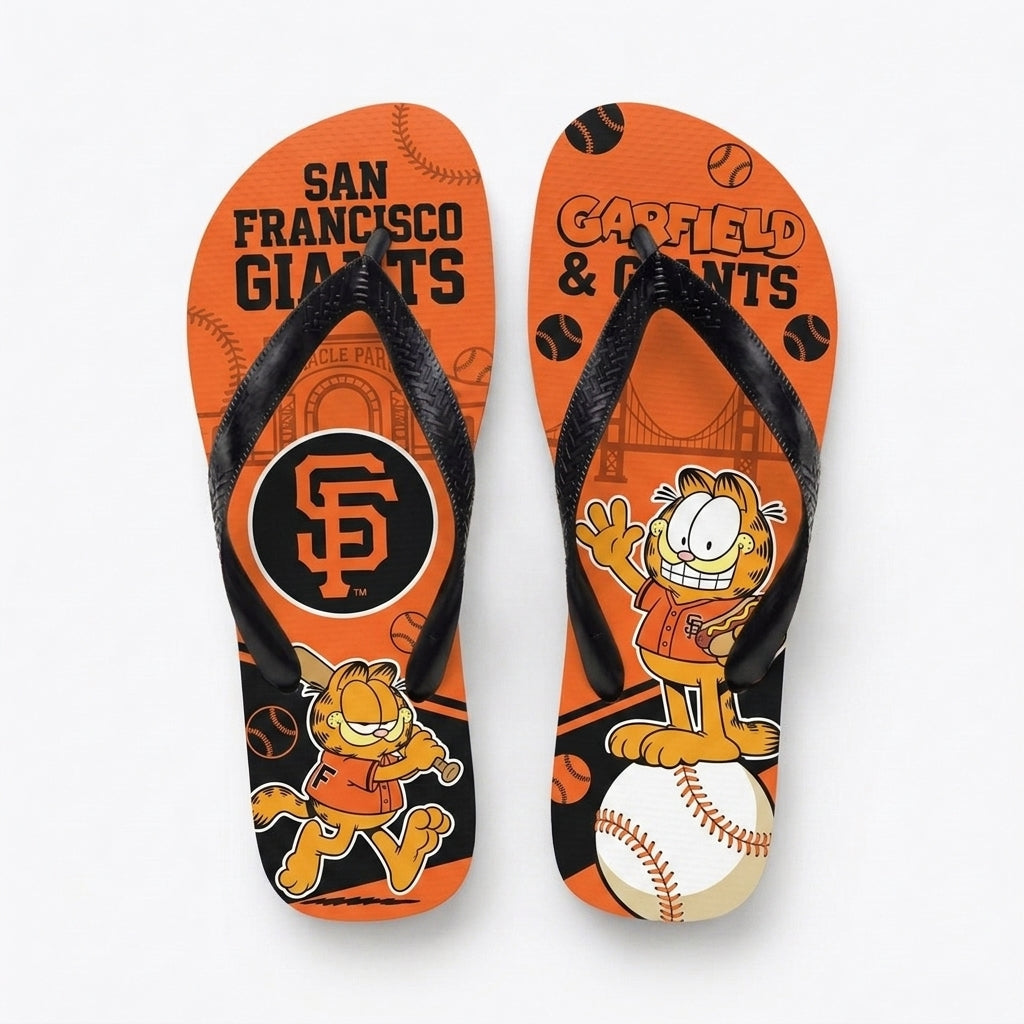 Cartoon Orange Cat Baseball Flip Flops — Sport Fan Sandals | 30 Teams Available
