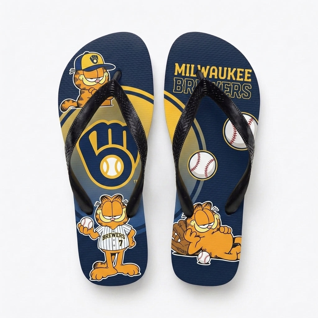 Cartoon Orange Cat Baseball Flip Flops — Sport Fan Sandals | 30 Teams Available