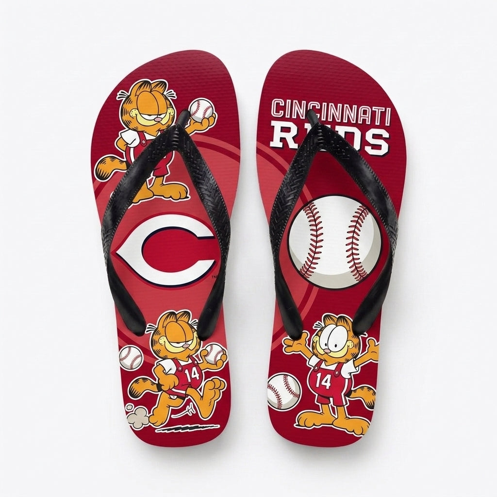 Cartoon Orange Cat Baseball Flip Flops — Sport Fan Sandals | 30 Teams Available