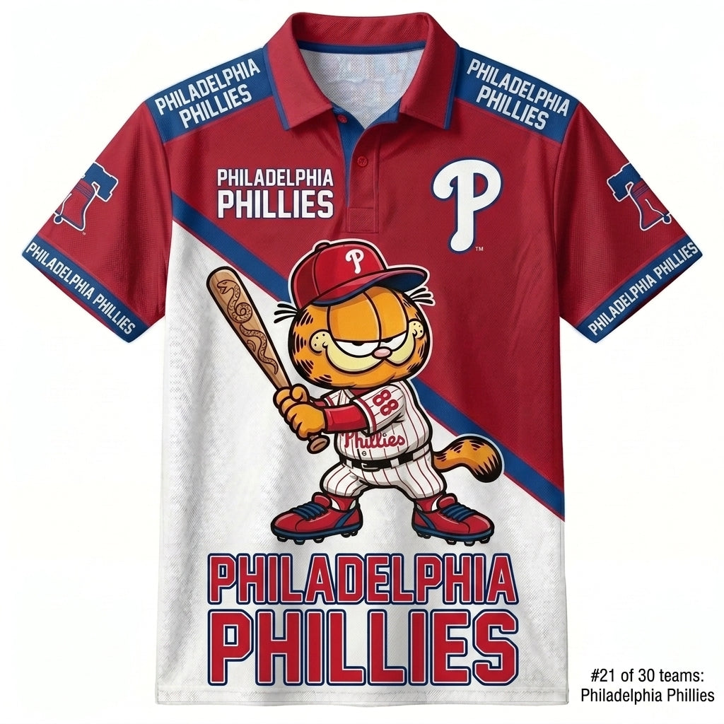 30 Team MLB - Baseball Polo Shirt — Team Color Game Day Polo — Cartoon Cat Baseball Inspired Sports  - Custom Fan Apparel Image 10