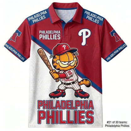 30 Team MLB - Baseball Polo Shirt — Team Color Game Day Polo — Cartoon Cat Baseball Inspired Sports  - Custom Fan Apparel Image 10