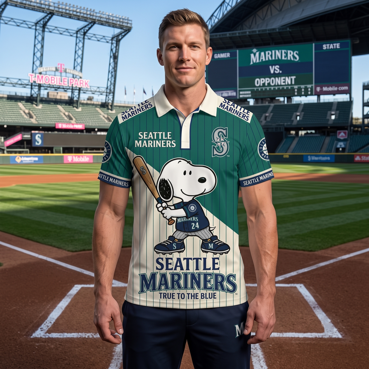 American League - AL Baseball Polo Shirt — Team Color Game Day Polo — Cartoon Dog Baseball Inspired Sports Jersey — Navy Pinstripe Fanwear Shirt