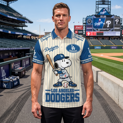 National League — NL Baseball Polo Shirt — Team Color Game Day Polo — Cartoon Dog Baseball Inspired Sports Jersey — Navy Pinstripe Fanwear Shirt