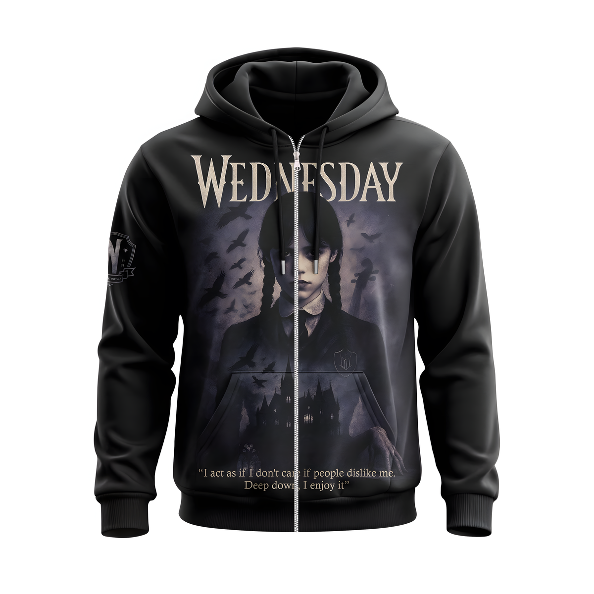 Wednesday Gothic Girl Hoodie, Dark Academy Graphic Sweatshirt, Raven Quote Shirt, Spooky Addams Style Tee, Black Zip Hoodie Gift