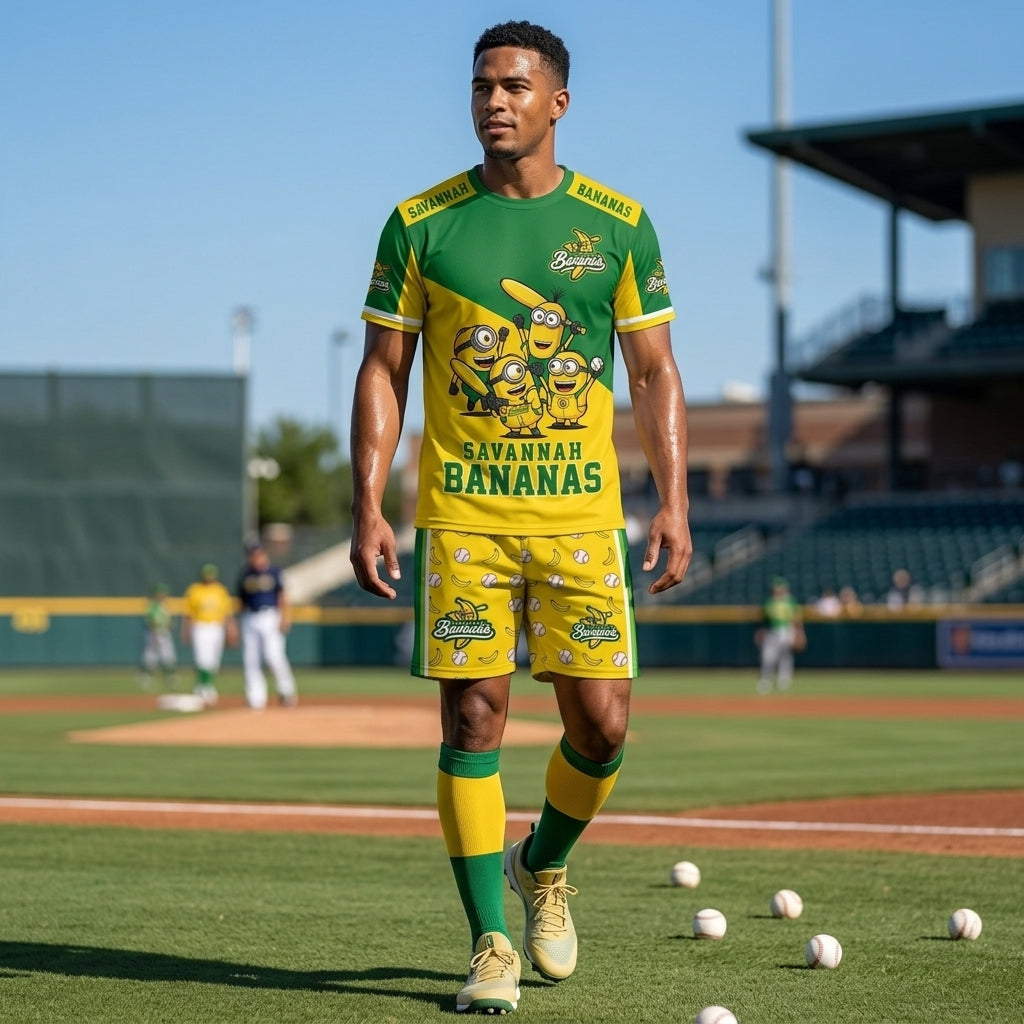 Baseball Fan T-Shirt And Shorts Set — Green Yellow Cartoon Sport Outfit For Summer