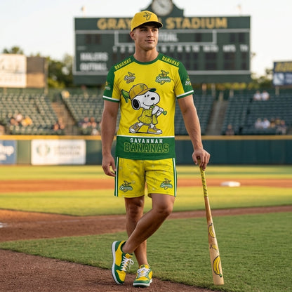 Baseball Fan T-Shirt And Shorts Set — Green Yellow Cartoon Sport Outfit For Summer