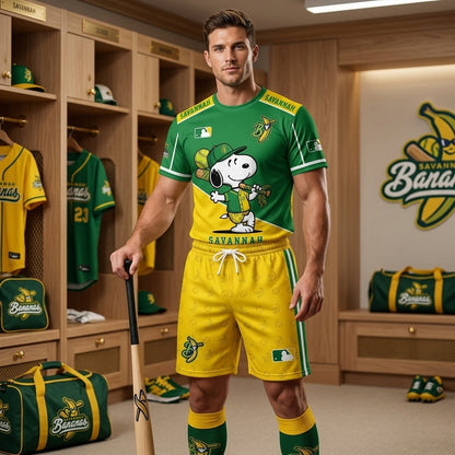 Baseball Fan T-Shirt And Shorts Set — Green Yellow Cartoon Sport Outfit For Summer