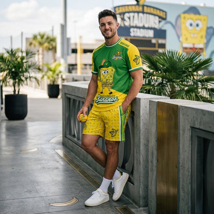 Baseball Fan T-Shirt And Shorts Set — Green Yellow Cartoon Sport Outfit For Summer