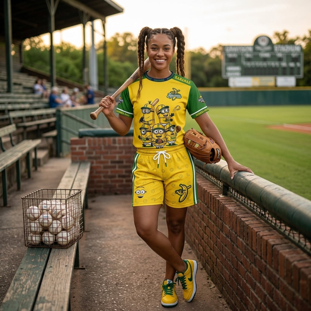 Baseball Fan T-Shirt And Shorts Set — Green Yellow Cartoon Sport Outfit For Summer