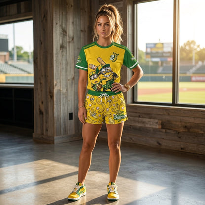 Baseball Fan T-Shirt And Shorts Set — Green Yellow Cartoon Sport Outfit For Summer