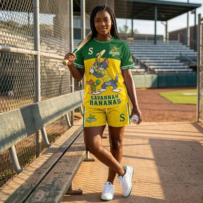 Baseball Fan T-Shirt And Shorts Set — Green Yellow Cartoon Sport Outfit For Summer