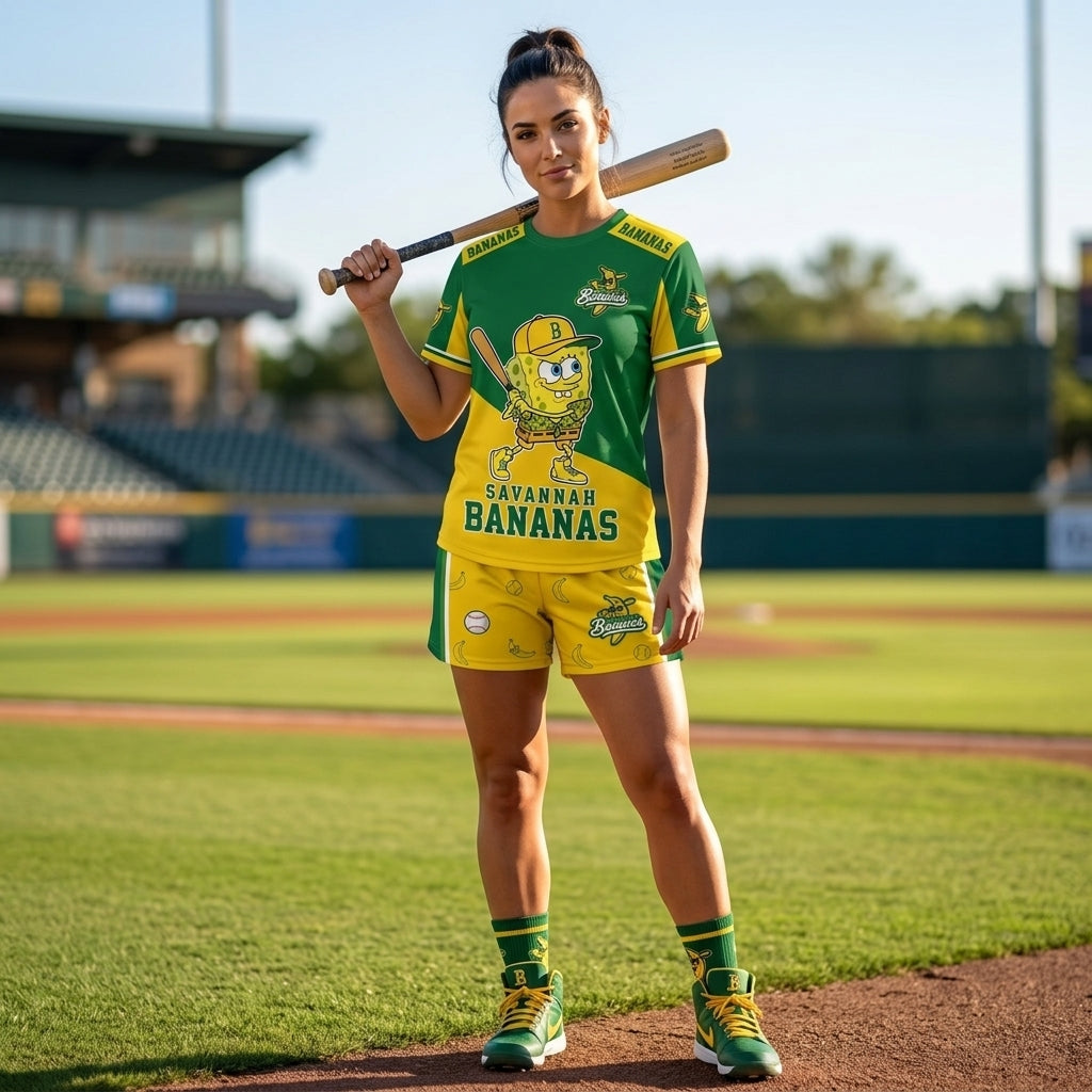 Baseball Fan T-Shirt And Shorts Set — Green Yellow Cartoon Sport Outfit For Summer